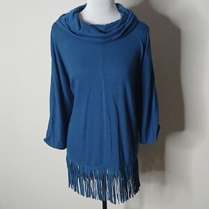 Terre Bleue Blue Mid Sleeve Cowl Neck Fringe Sweater Size Large